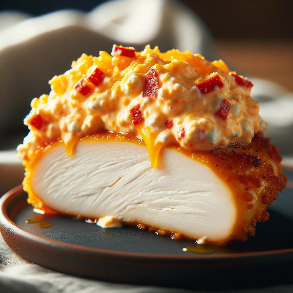 Close-up of the pimento cheese on the chicken fillet, showcasing its creamy texture and color.