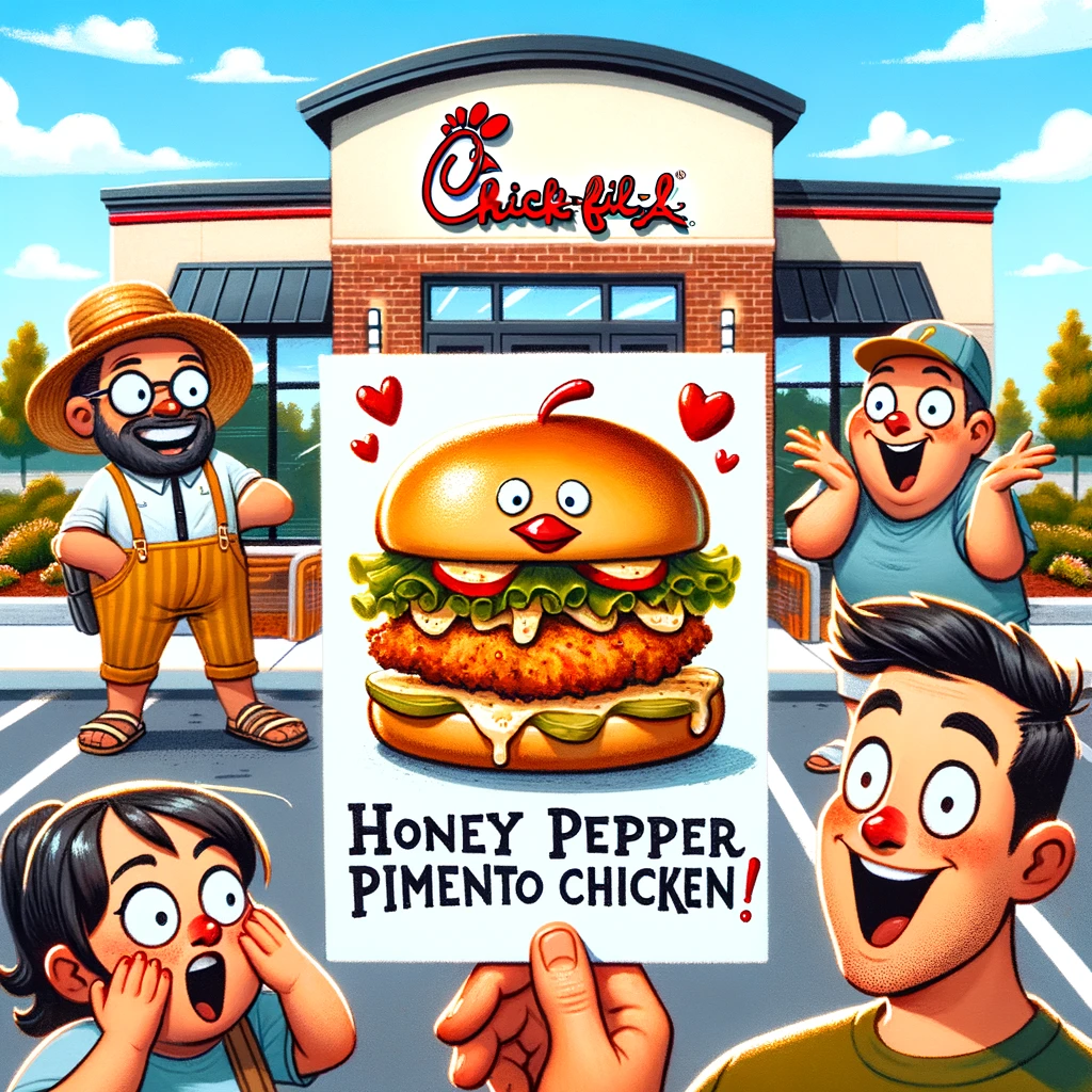 Illustration of customers enjoying Chick-fil-A's Honey Pepper Pimento Chicken Sandwich with joy and surprise