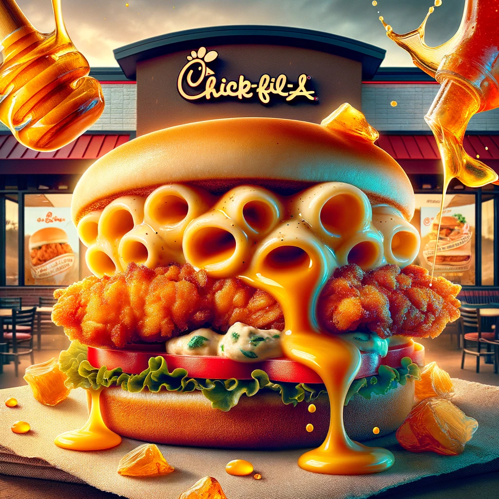 Chick-fil-A's Honey Pepper Pimento Chicken Sandwich with juicy chicken, pimento cheese, and honey.