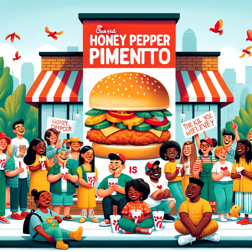 A diverse group of people enjoying the Honey Pepper Pimento Chicken Sandwich outside a Chick-fil-A restaurant.