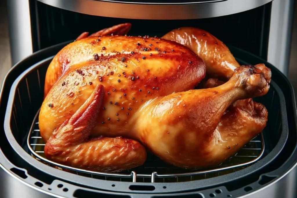 Air fryer rotisserie chicken with crispy golden skin.